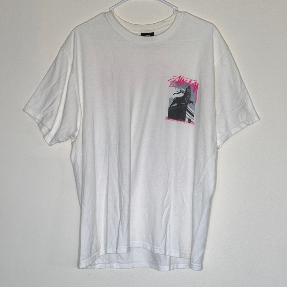 Stussy White Tee with Pink and Black Design
